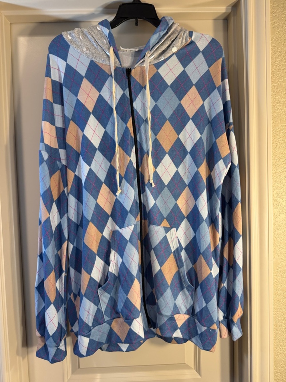 Blumin Apparel Argyle Zip Hoodie in Blue, Peach & White - Large